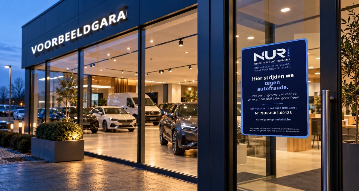 Partnergarage met de NUR Label-affiche op de deur, fictief voorbeeld
