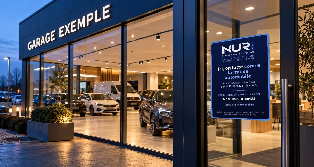 Garage partenaire avec l’affiche NUR Label sur la porte, exemple fictif