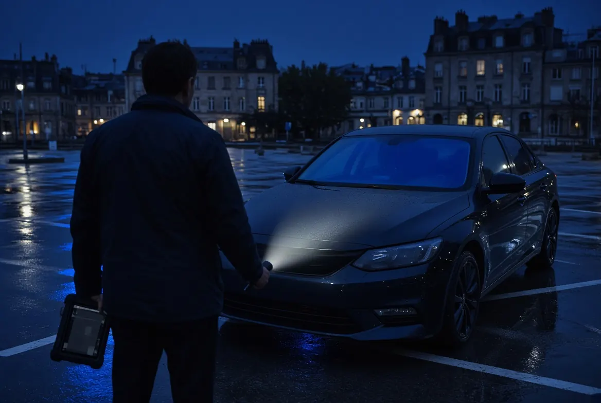 Un inspecteur NUR Label éclaire l’avant d’une berline sur un parking, le soir, une tablette de diagnostic à la main.