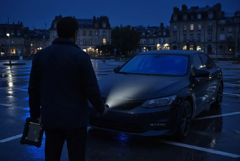 Un inspecteur NUR Label éclaire l’avant d’une berline sur un parking, le soir, une tablette de diagnostic à la main.
