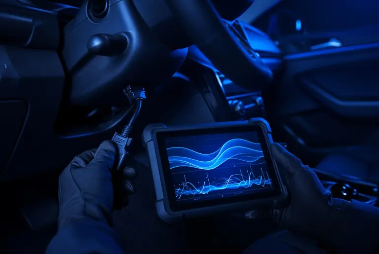 Des mains gantées branchent une valise de diagnostic sur la prise OBD d’un véhicule.