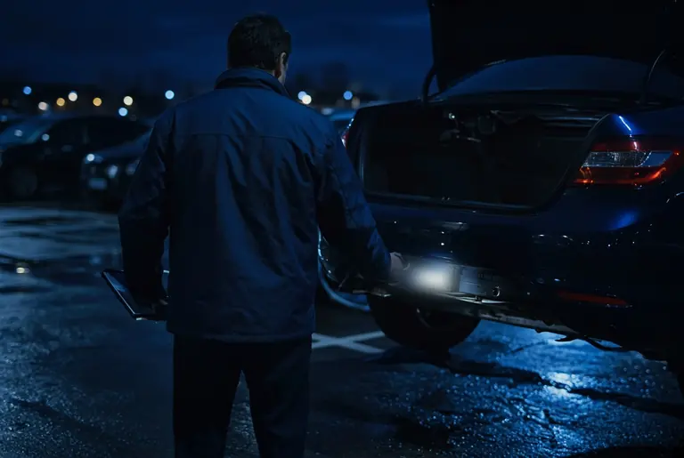 Un professionnel examine l’arrière d’un véhicule, le pare-chocs déposé, sur un parking le soir.