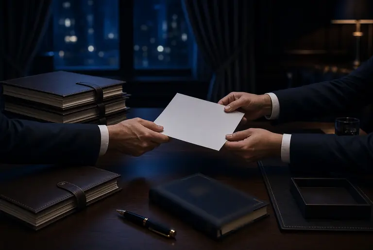 Deux mains s’échangent un document au-dessus d’un bureau, entre des registres reliés et un stylo plume.