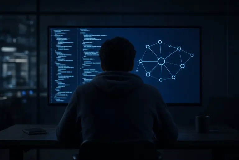 Une personne de dos devant un écran affichant du code et un schéma de réseau, dans un bureau sombre.