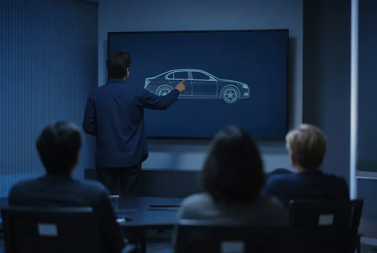 Un formateur de dos présente le schéma d’une voiture sur un grand écran à des participants.
