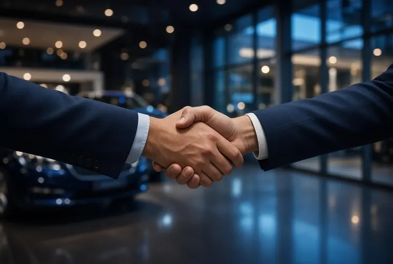 Une poignée de main entre deux professionnels en costume, devant un showroom automobile le soir.