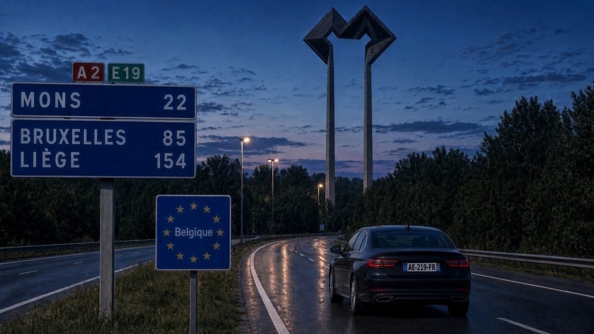 Ein Fahrzeug überquert die Grenze zwischen Frankreich und Belgien (Illustrationsbild, fiktives Kennzeichen).
