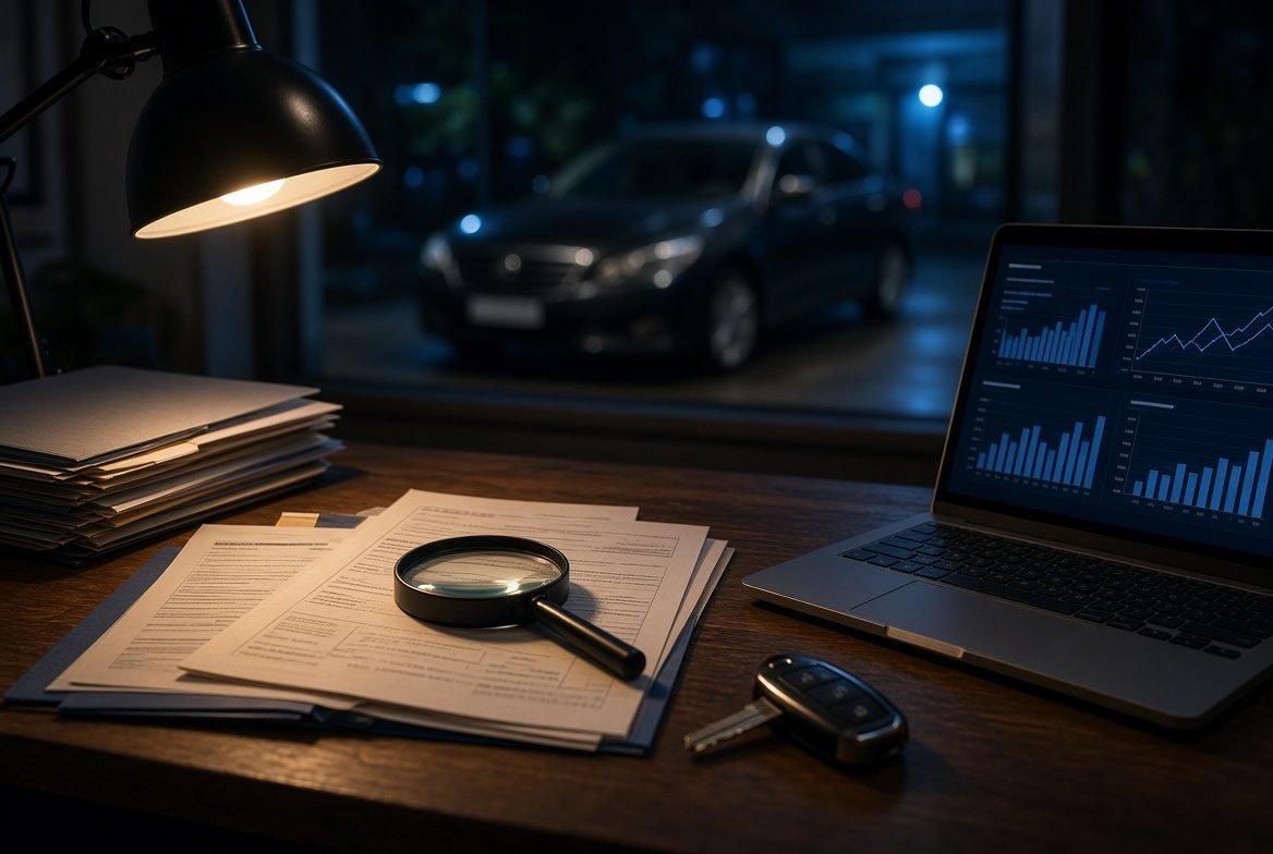 Un bureau de nuit : dossiers de véhicules, loupe, clé de voiture et ordinateur affichant des graphiques (image d’illustration).