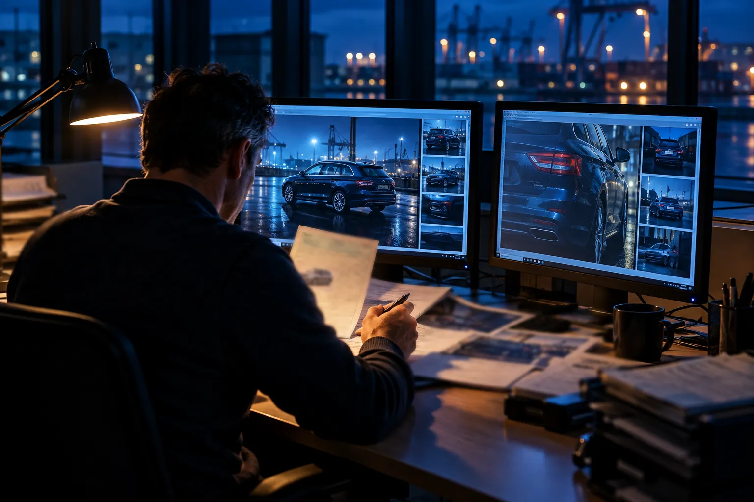 Een inspecteur toetst papieren documenten aan foto’s van een voertuig op twee schermen (illustratief beeld).