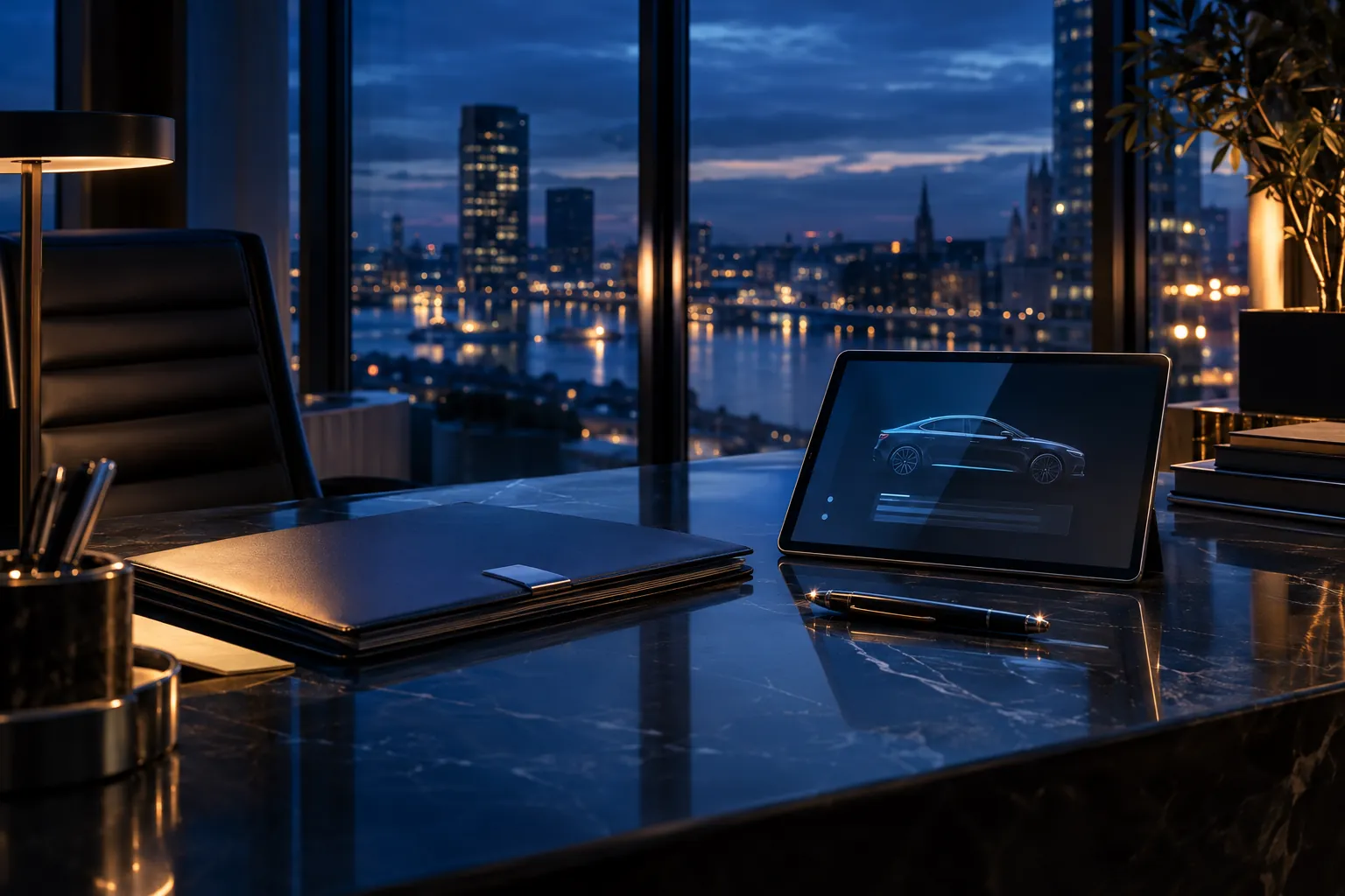 Ein Büro am Abend: eine geschlossene Akte und ein Tablet, das die Silhouette eines Autos zeigt (Illustrationsbild).