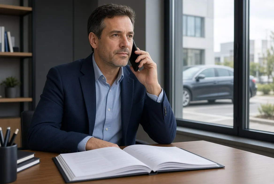 Een kredietbemiddelaar aan de telefoon, een open dossier, een auto zichtbaar door het raam (illustratief beeld).