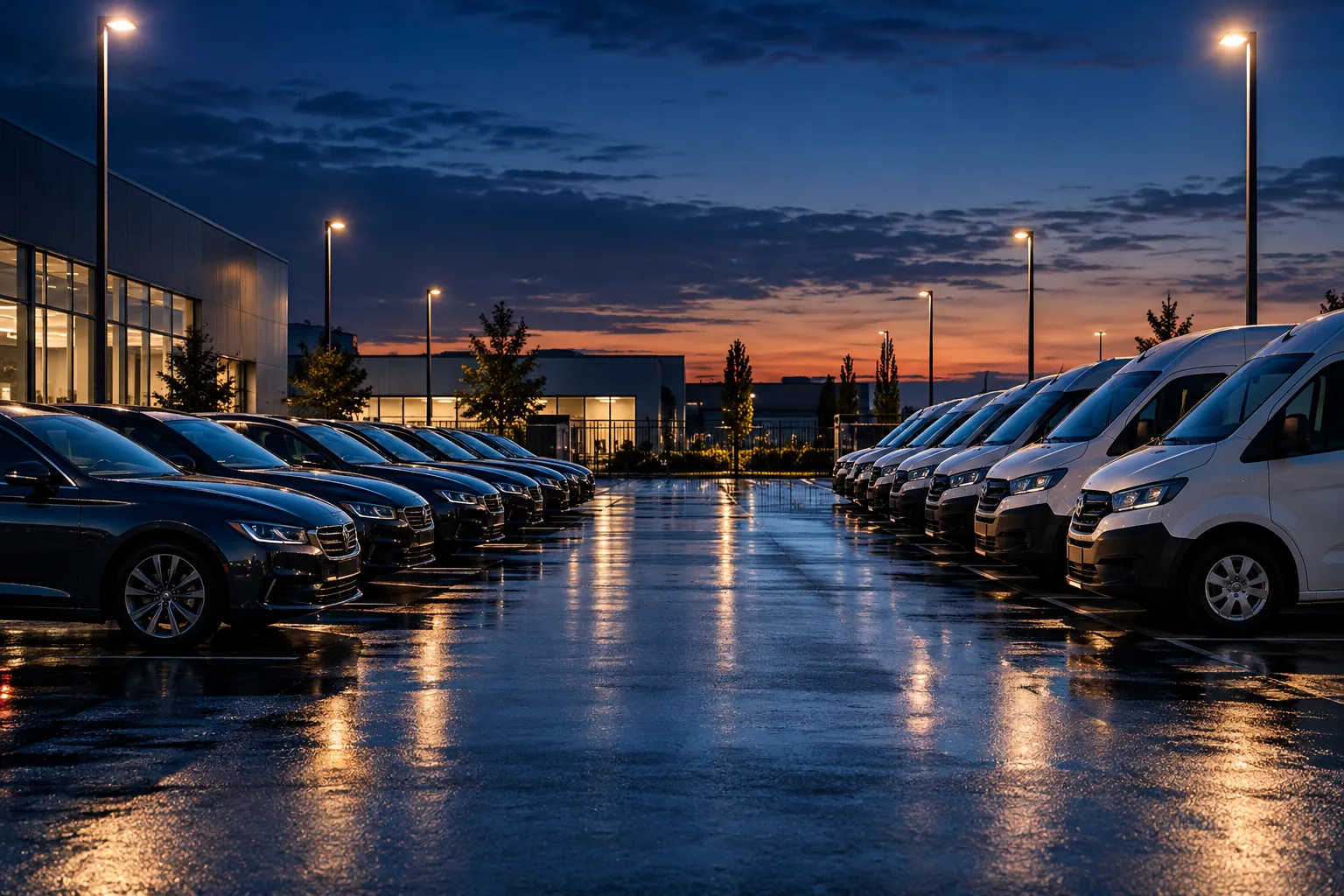 Ein Firmenparkplatz in der Abenddämmerung, mit aufgereihten Limousinen und Nutzfahrzeugen (Illustrationsbild).