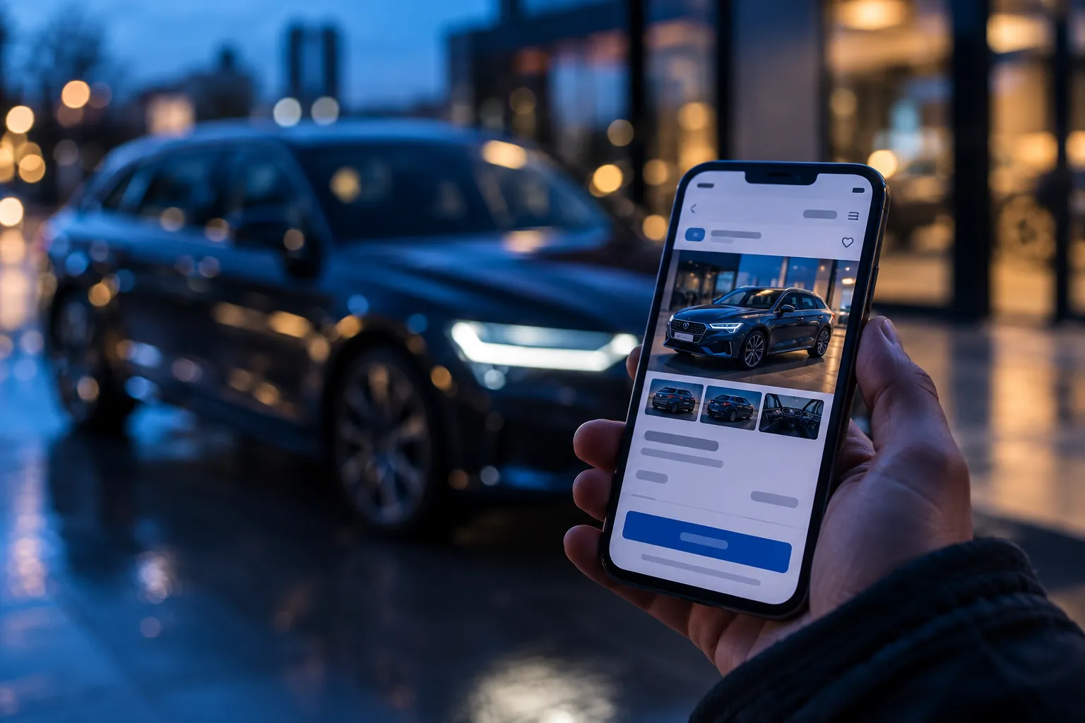 Ein Smartphone zeigt das Inserat eines Autos, vor dem Fahrzeug (Illustrationsbild).