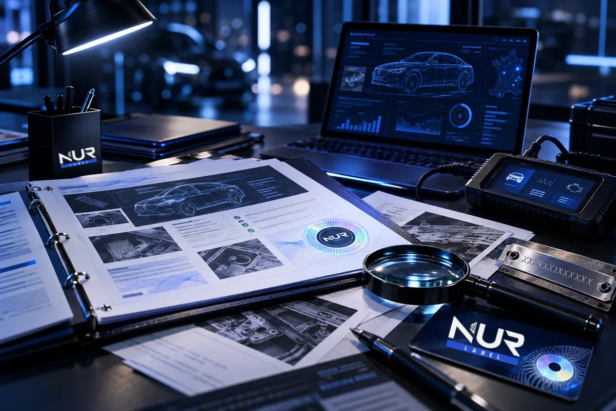 A desk at night with a vehicle file, a magnifying glass, a chassis number plate and a NUR ID (illustrative image).