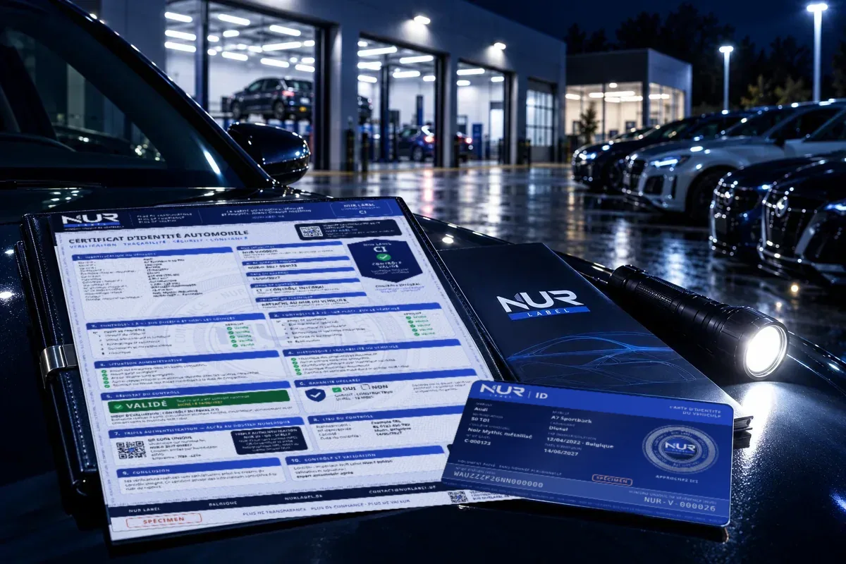 Een NUR Label-certificaat en een NUR ID op de motorkap van een auto, voor een verlichte werkplaats, ’s nachts (illustratief beeld).