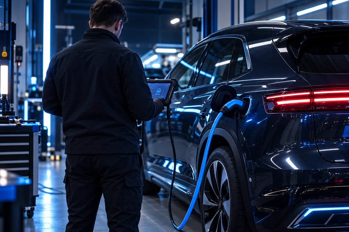 Un inspecteur, vu de dos, contrôle une voiture électrique en charge avec une tablette de diagnostic (image d’illustration).
