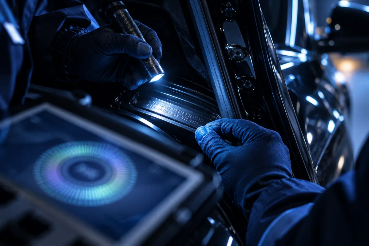 Une main gantée éclaire avec une lampe la plaque du numéro de châssis d’une voiture, une tablette de diagnostic au premier plan (image d’illustration).