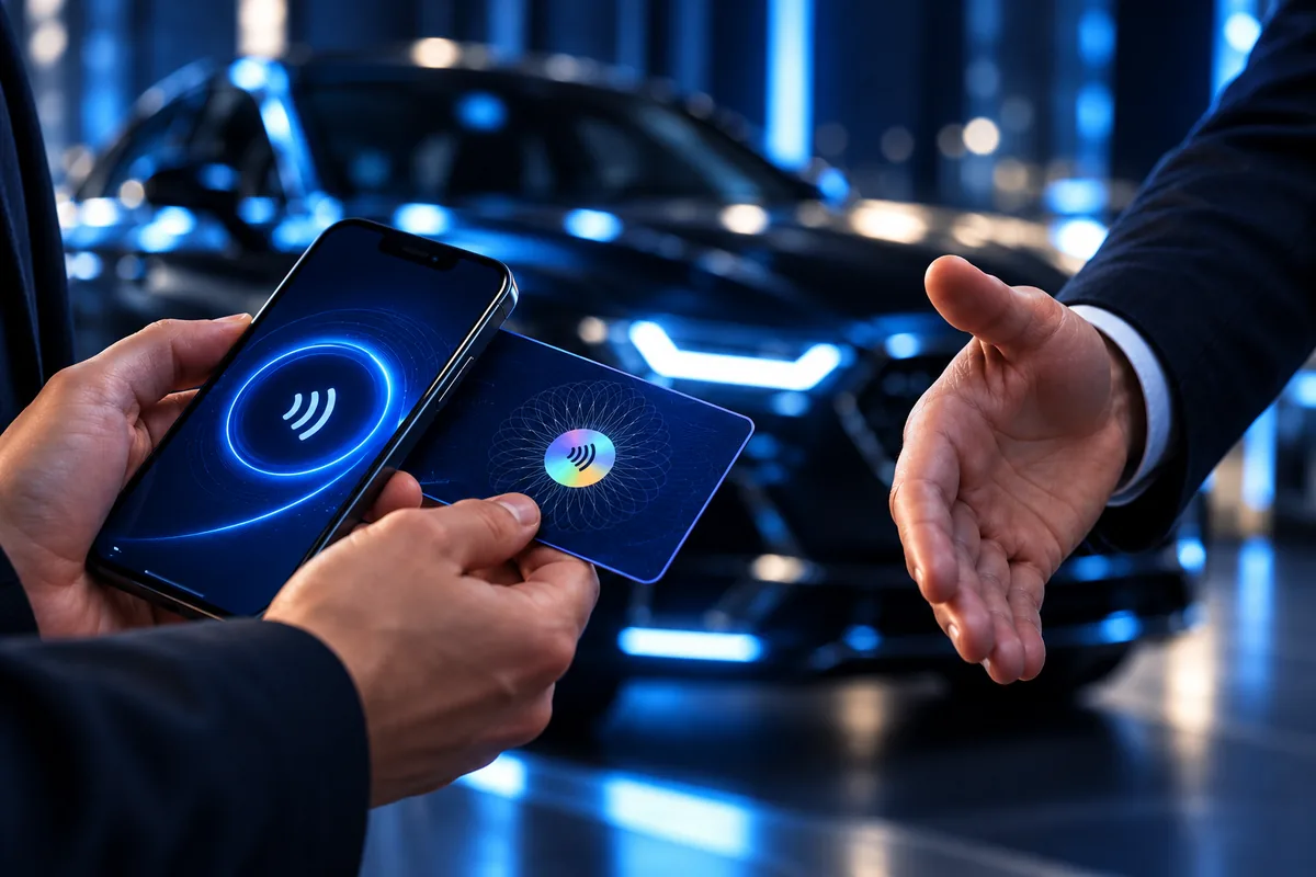 Une main approche un téléphone d’une NUR ID, une autre main se tend pour conclure la vente, devant une voiture (image d’illustration).