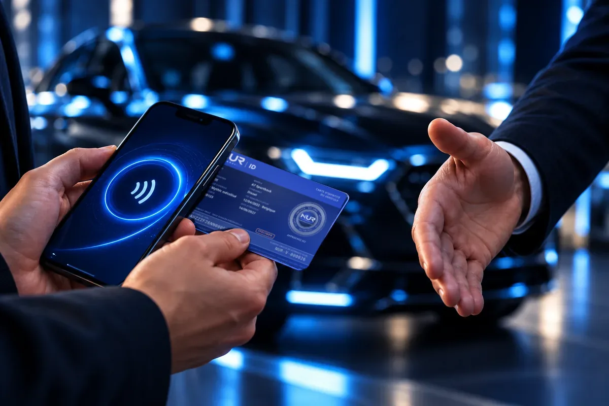 Een hand houdt een telefoon bij een NUR ID, een andere hand wordt uitgestoken om de verkoop te sluiten, voor een auto (illustratief beeld).