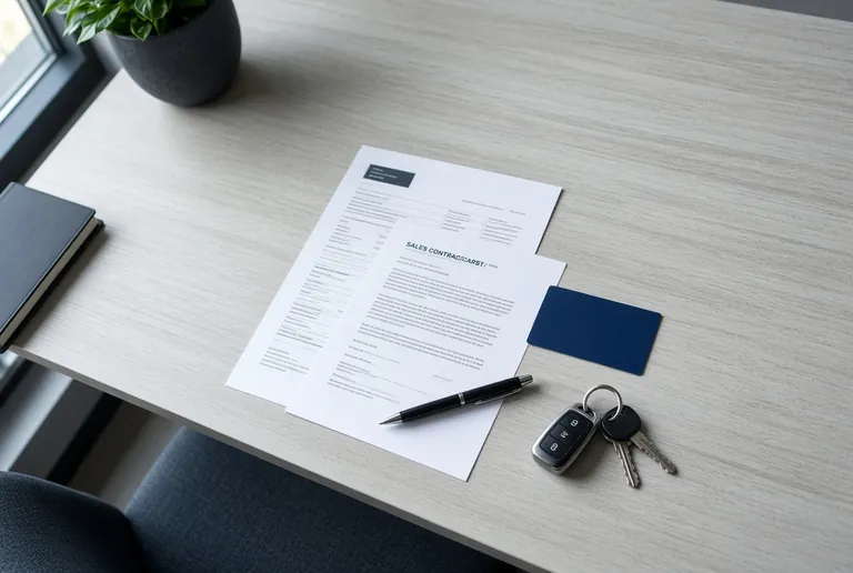 Sur un bureau, un contrat et une facture imprimés, une carte et des clés de voiture (image d’illustration).