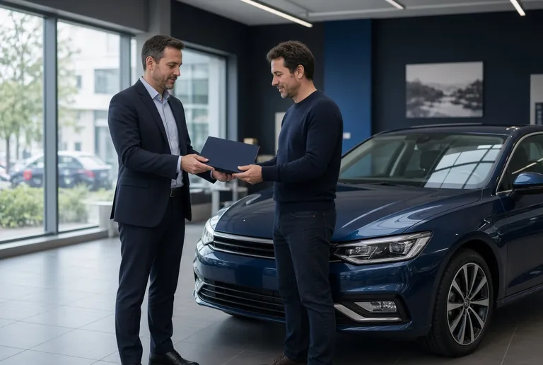 Ein Verkäufer übergibt einem Kunden in einem Showroom neben einem Auto eine Akte (Illustrationsbild).