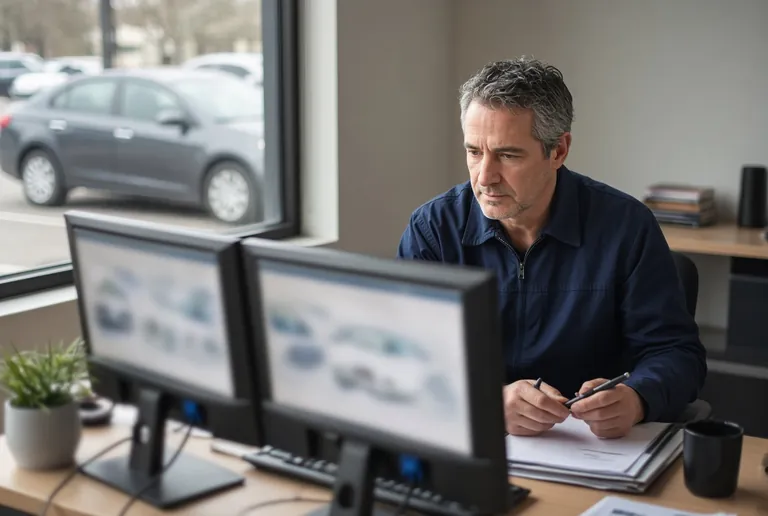 Un expert examine à son bureau le dossier photo d’un véhicule sur deux écrans (image d’illustration).