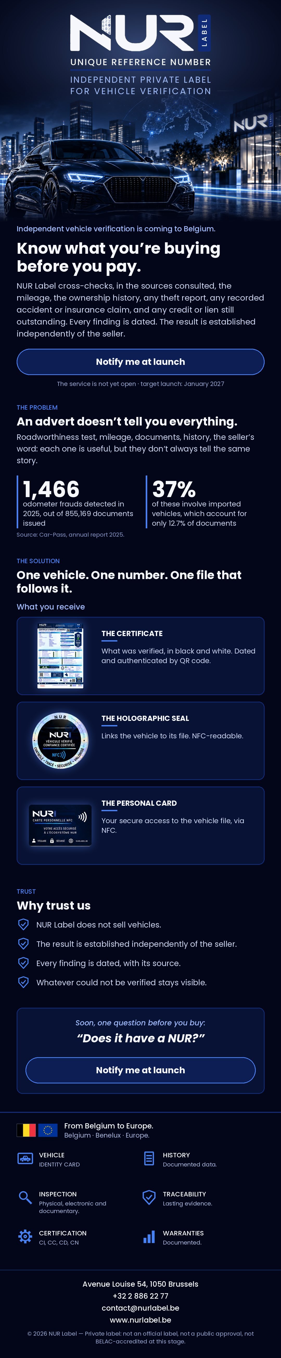 NUR Label — Unique Reference Number. Independent private label for vehicle verification. Target commercial launch: January 2027, Belgium.