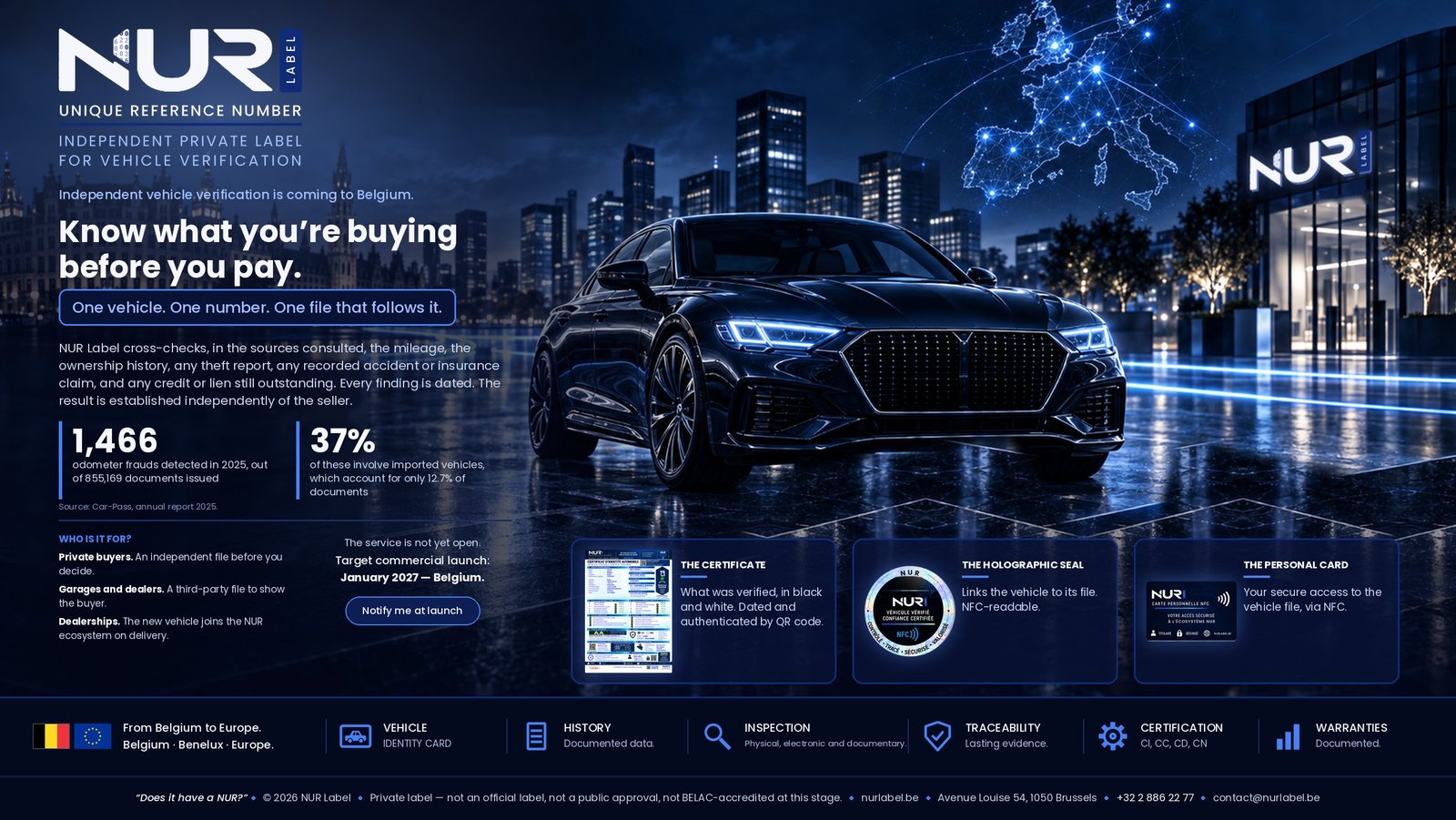 NUR Label — Unique Reference Number. Independent private label for vehicle verification. Target commercial launch: January 2027, Belgium.